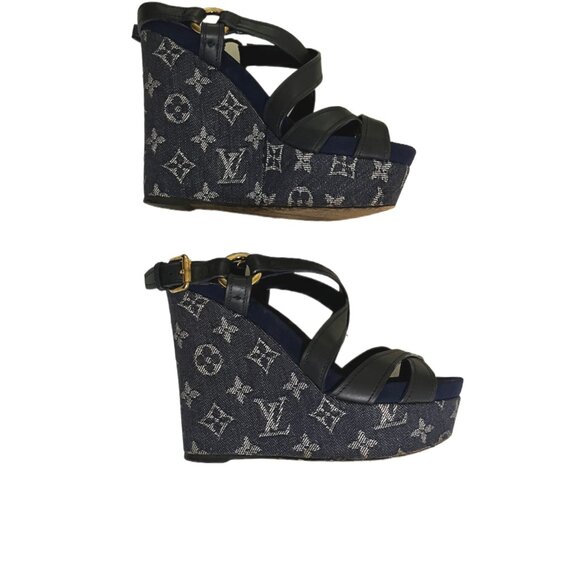 Louis Vuitton Navy Blue LV Monogram Denim & Leather Wedge Sandals Size 36/US 6 - Picture 3 of 13